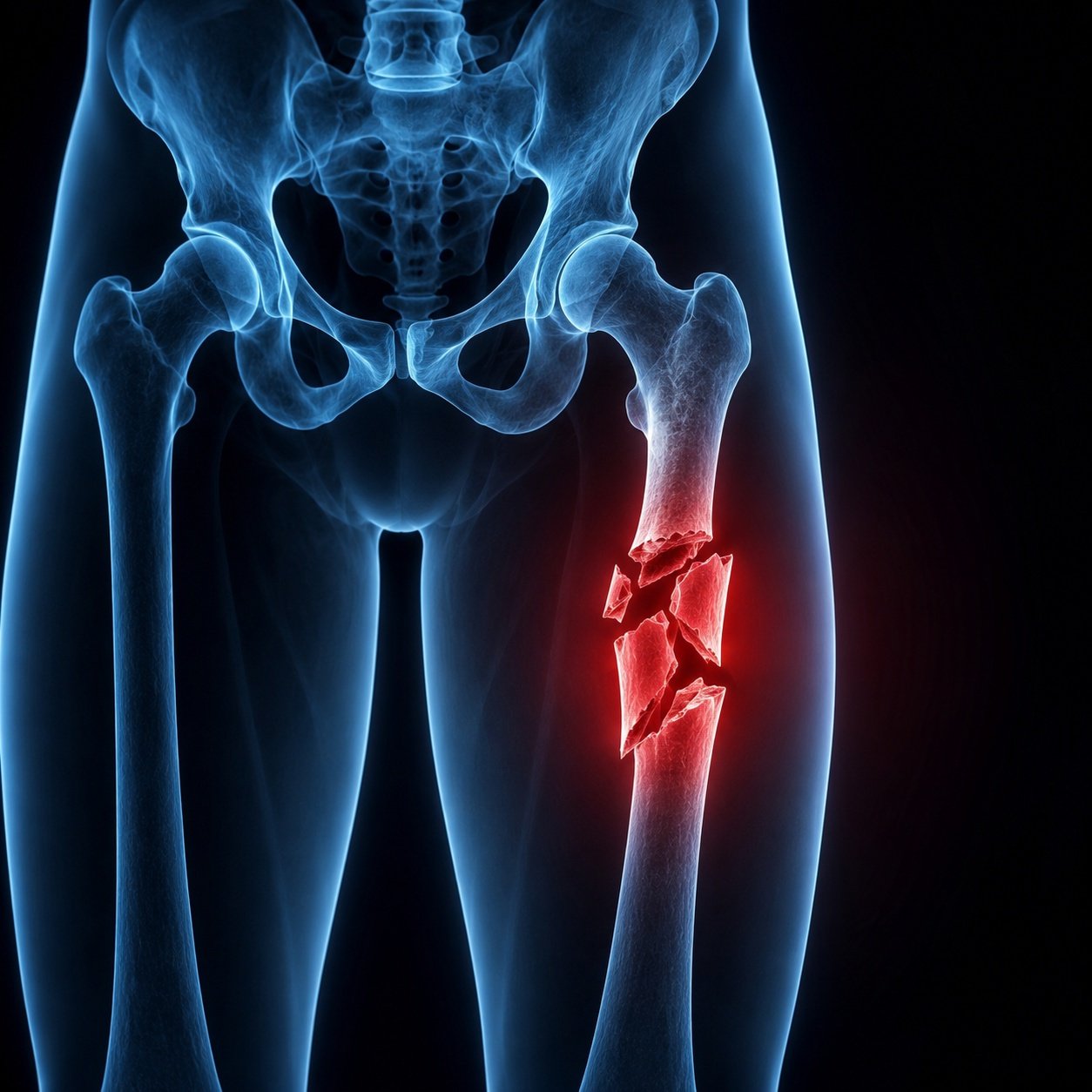 Original AI-generated medical illustration depicting a displaced comminuted femoral shaft fracture. Created for drkallivokas.eu under the FROND Media
